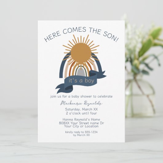 Hier komt het Son Boho Boy Baby shower Kaart (Staand voorkant)