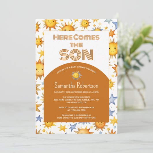 Hier komt het Son Boho Retro Boy Baby shower Kaart (Staand voorkant)