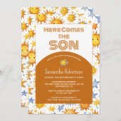 Hier komt het Son Boho Retro Boy Baby shower Kaart (Voorkant / Achterkant)