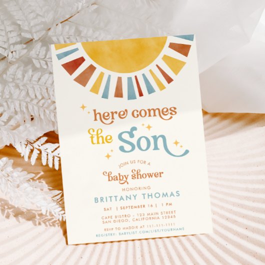 Hier komt het Son Boho Retro Boy Baby shower Kaart