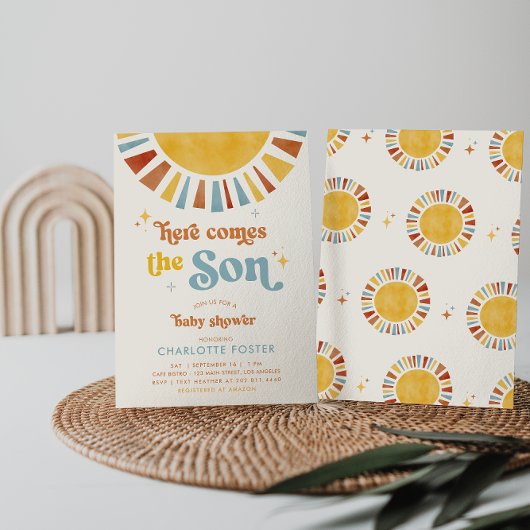 Hier komt het Son Boho Retro Boy Baby shower Kaart