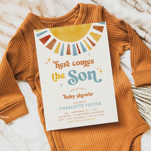 Hier komt het Son Boho Retro Boy Baby shower Kaart