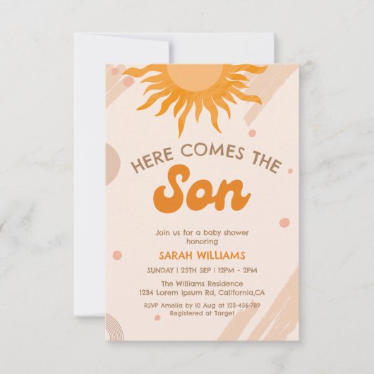 Hier komt het Son Boho Sunshine baby shower Kaart (Voorkant)