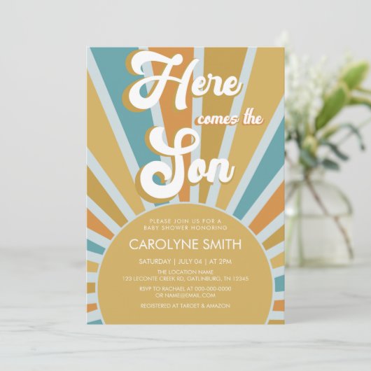 Hier komt het Son Boho Sunshine Baby shower Kaart (Staand voorkant)