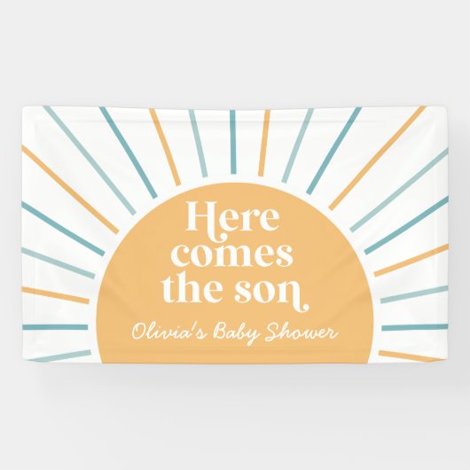 Hier komt het Son Boho Sunshine Baby shower Spandoek (Horizontaal)