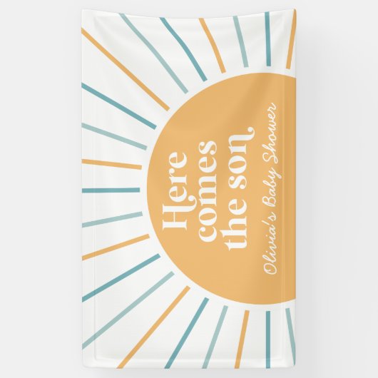 Hier komt het Son Boho Sunshine Baby shower Spandoek (Verticaal)