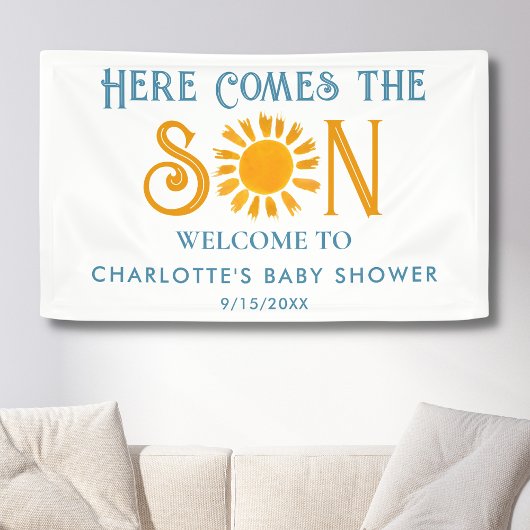 Hier komt het Son Boho Sunshine Baby shower Spandoek