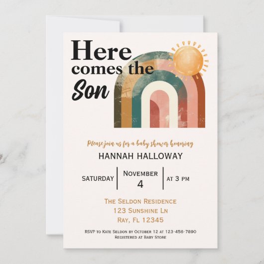 Hier komt het Son Bold Rainbow Baby shower Kaart (Voorkant)
