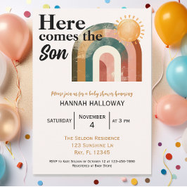 Hier komt het Son Bold Rainbow Baby shower Kaart