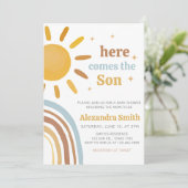 Hier komt het Son Boy Baby shower Kaart (Staand voorkant)