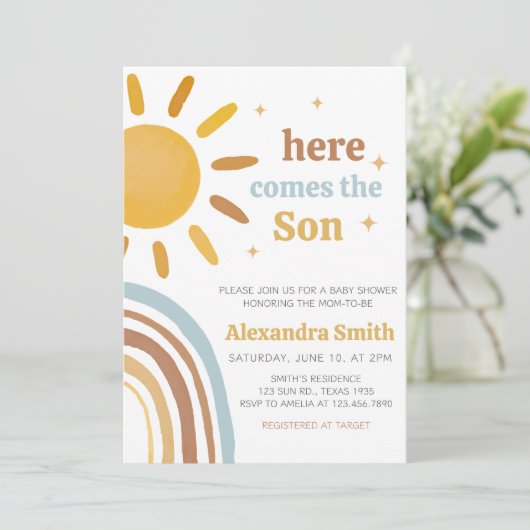 Hier komt het Son Boy Baby shower Kaart (Staand voorkant)