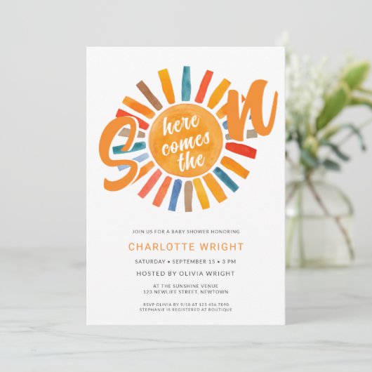 Hier komt het Son Boy Baby shower Kaart (Staand voorkant)