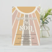 Hier komt het Son Boy Baby shower Kaart (Staand voorkant)