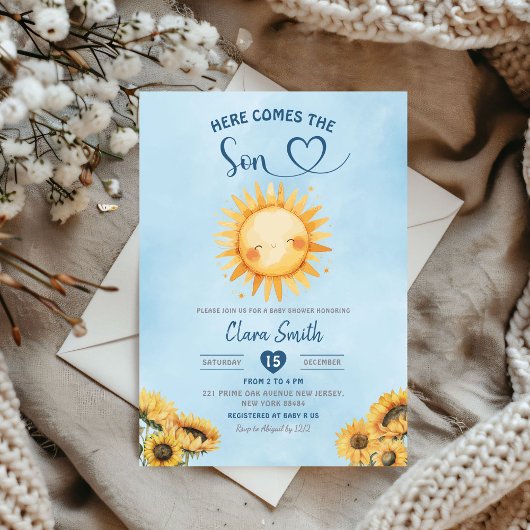 Hier komt het Son Boy Baby shower Kaart