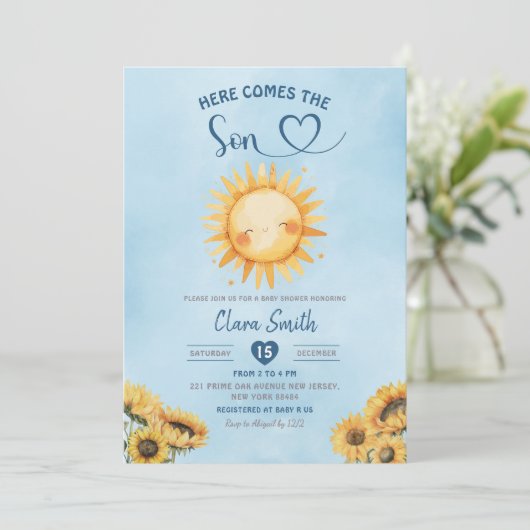 Hier komt het Son Boy Baby shower Kaart (Staand voorkant)