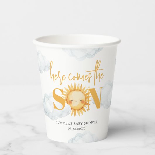 Hier komt het Son Boy Baby shower Papieren Bekers (Voorkant)