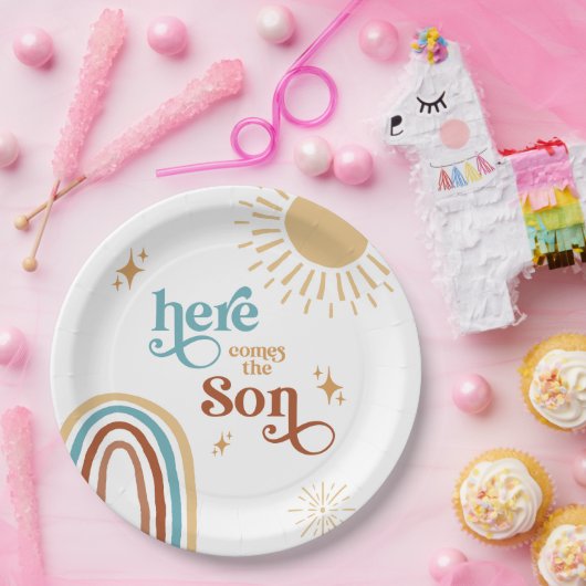 Hier komt het Son Boy Baby shower Papieren Bordje (Feest)