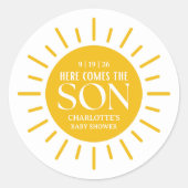 Hier komt het Son Boy Baby shower Ronde Sticker (Voorkant)