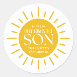 Hier komt het Son Boy Baby shower Ronde Sticker