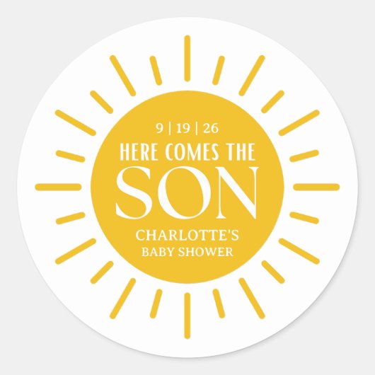 Hier komt het Son Boy Baby shower Ronde Sticker (Voorkant)