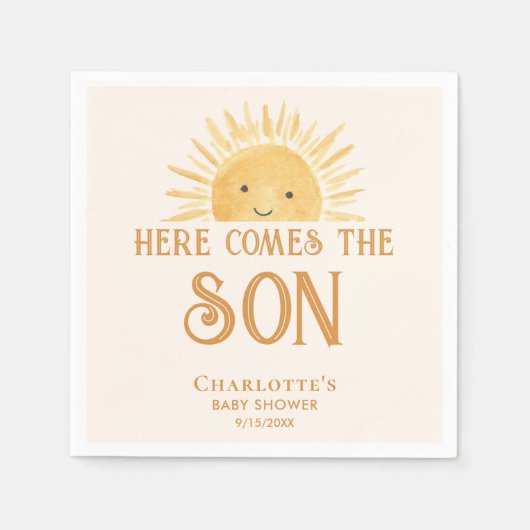 Hier komt het Son Boy Baby shower Servet (Voorkant)