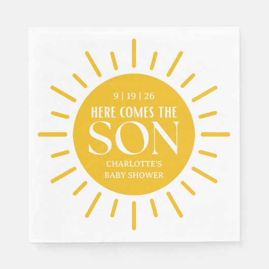 Hier komt het Son Boy Baby shower Servet (Voorkant)