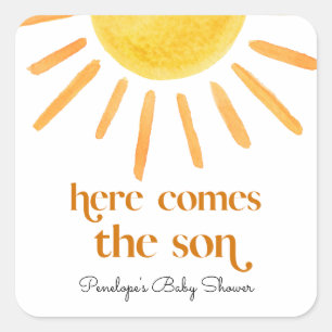 Hier komt het Son Boy Baby shower Vierkante Sticker