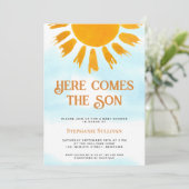 Hier komt het Son Boys Baby shower Kaart (Staand voorkant)