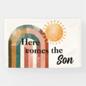 Hier komt het Son Kleurrijke Regenboog Baby shower Spandoek (Horizontaal)