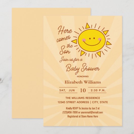 Hier komt het Son Little Sunshine Boy Baby shower Kaart (Voorkant / Achterkant)