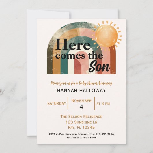 Hier komt het Son Masculine Rainbow Baby shower Kaart (Voorkant)