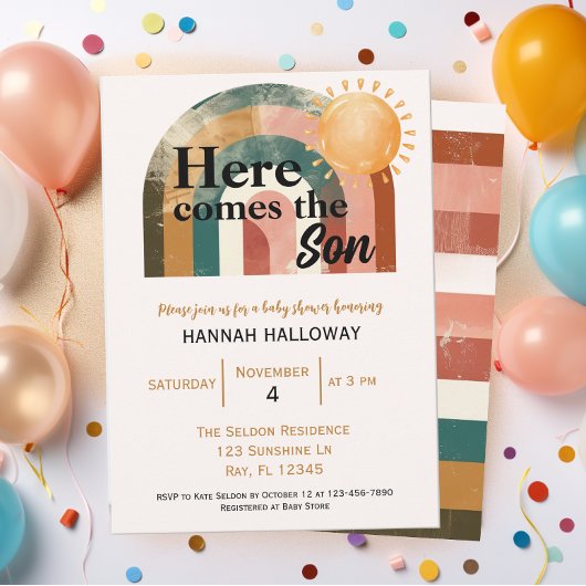 Hier komt het Son Masculine Rainbow Baby shower Kaart