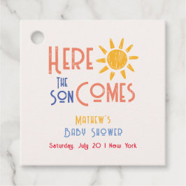 Hier komt het Son Minimal Retro Sun Baby shower Bedankjes Labels