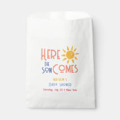 Hier komt het Son Minimal Retro Sun Baby shower Bedankzakje (Voorkant)