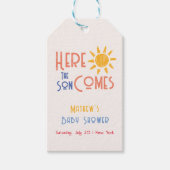 Hier komt het Son Minimal Retro Sun Baby shower Cadeaulabel (Voorkant)