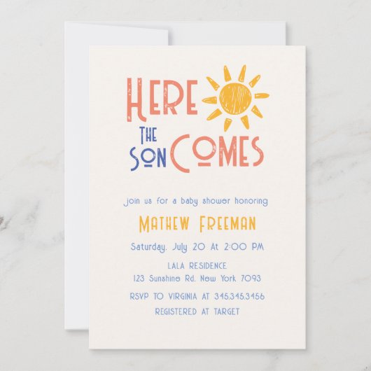 Hier komt het Son Minimal Retro Sun Baby shower Kaart (Voorkant)