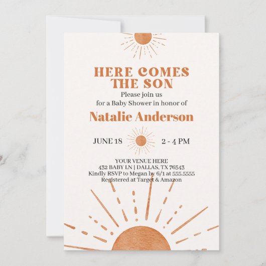 Hier komt het Son Oranje Sunshine Baby shower Kaart (Voorkant)