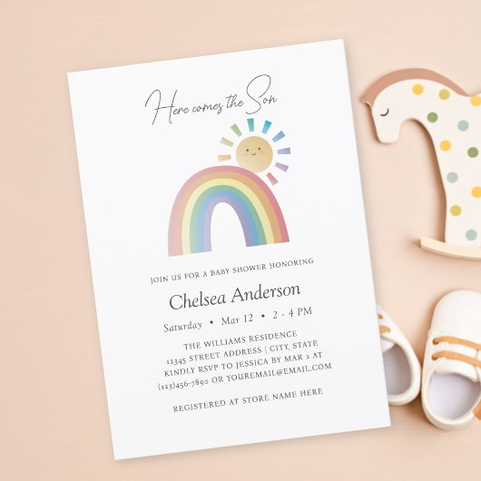 Hier komt het Son Rainbow Sunshine Baby shower Kaart