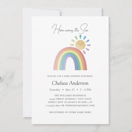 Hier komt het Son Rainbow Sunshine Baby shower Kaart (Voorkant)