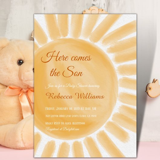 Hier komt het Son Ray Yellow Sunshine Baby shower Kaart