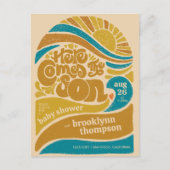 Hier komt het Son Retro Baby Boy Baby shower Briefkaart (Voorkant)