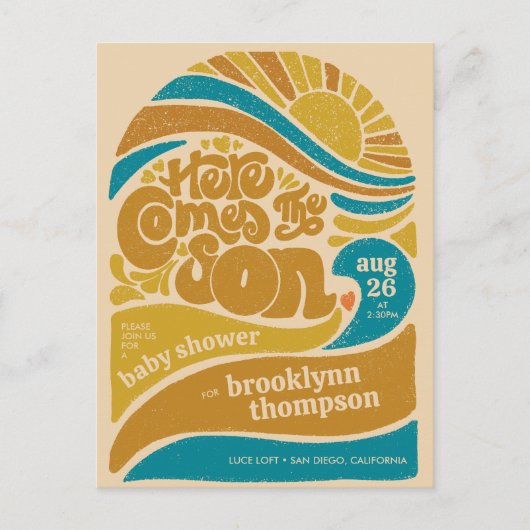 Hier komt het Son Retro Baby Boy Baby shower Briefkaart (Voorkant)