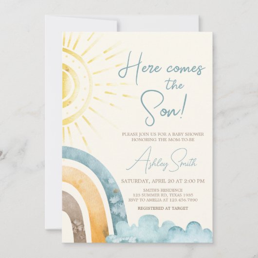 Hier komt het Son Retro Baby shower Kaart (Voorkant)