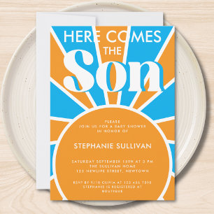 Hier komt het Son Retro Baby shower Kaart
