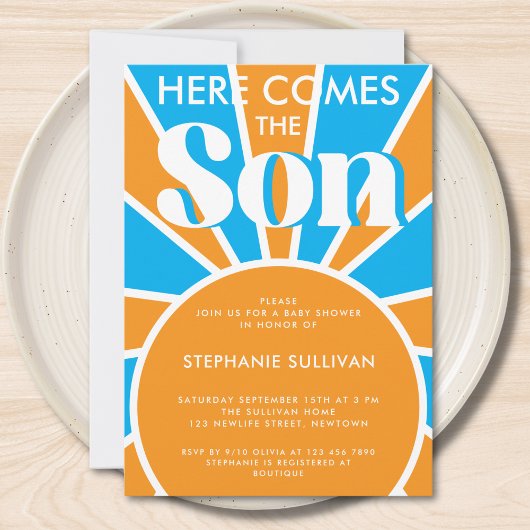 Hier komt het Son Retro Baby shower Kaart