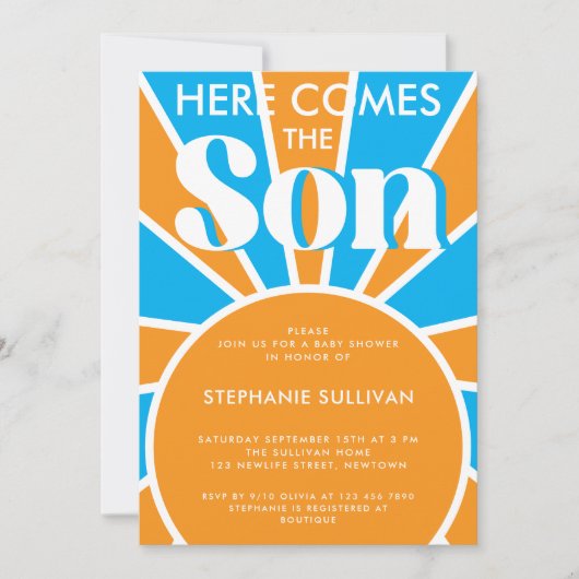 Hier komt het Son Retro Baby shower Kaart (Voorkant)