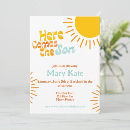 Hier komt het Son retro baby shower Kaart (Staand voorkant)
