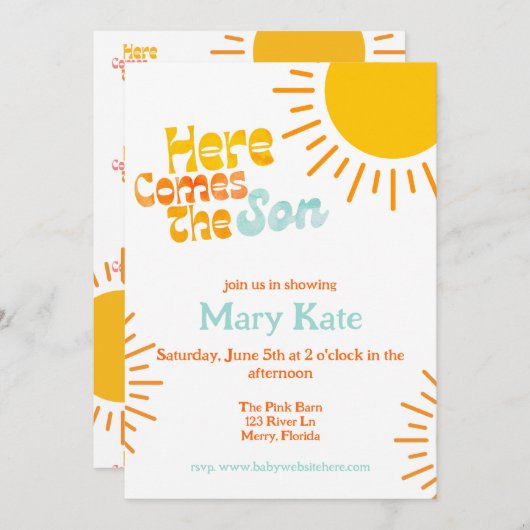 Hier komt het Son retro baby shower Kaart (Voorkant / Achterkant)