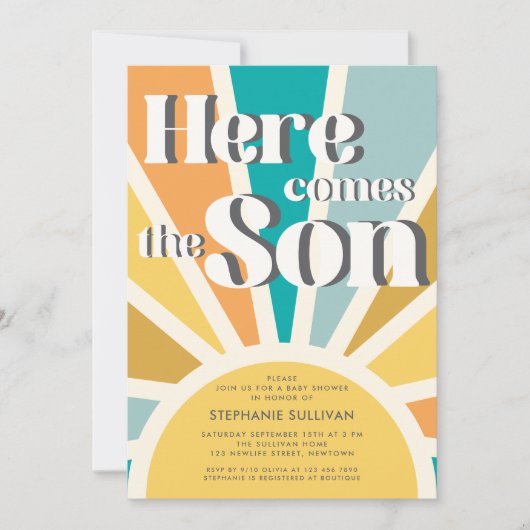 Hier komt het Son Retro Baby shower Kaart (Voorkant)