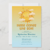 Hier komt het Son Retro Baby shower Kaart (Voorkant)